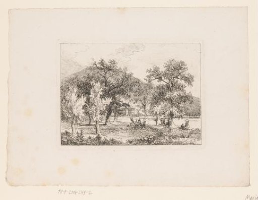 Mountain landscape with a country house and a resting couple