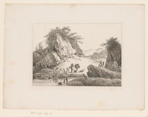 Rocky landscape with a traveler and his pack donkey