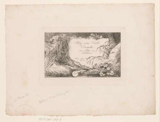 Stone with Series Title Between Tree Roots and Vegetation