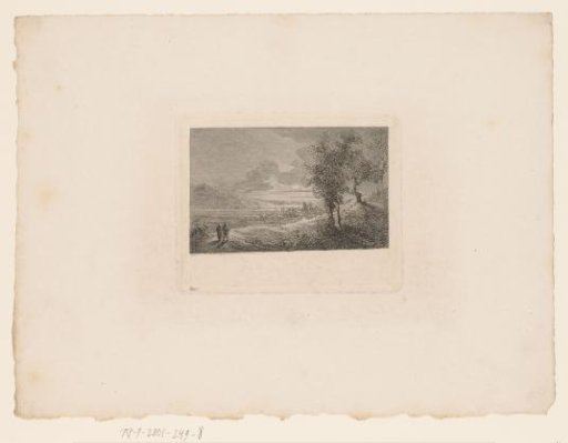 Landscape with two walkers at sunset