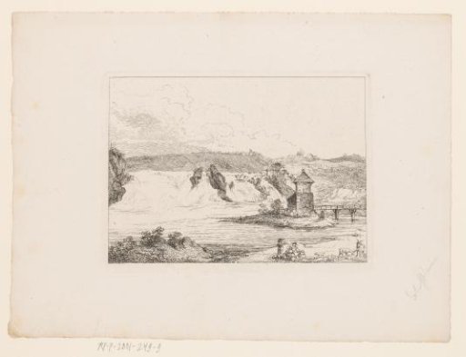 Landscape with a wide waterfall near a tower