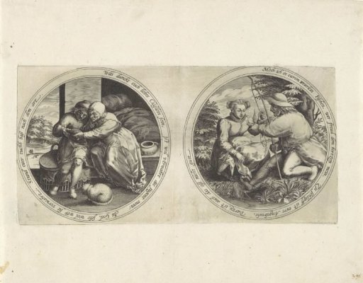 Married Couple with a Mirror and a Fisherman Handing a Fish to a Woman