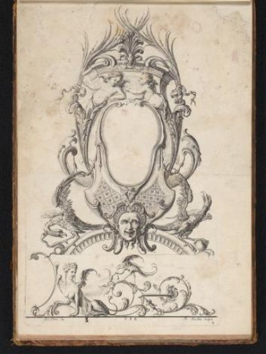 Cartouche with angels and griffins