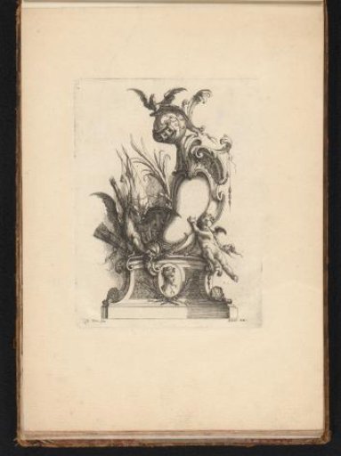 Cartouche with helmet and war trophies