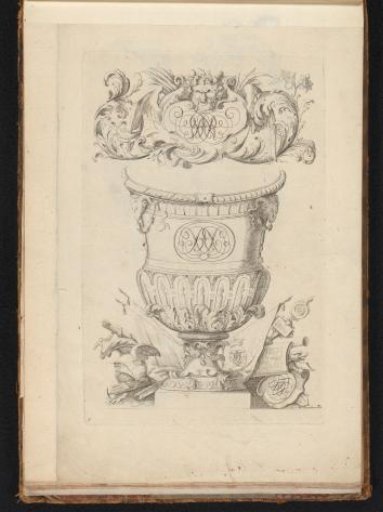 Garden vase with two monograms crowned with a satyr's head