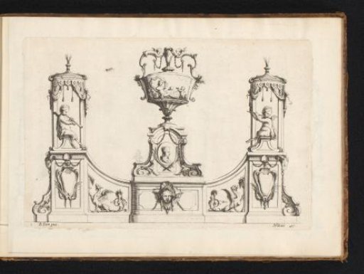 Ornament with a vase and young satyrs playing a flute