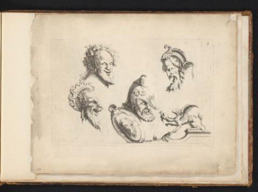 Ornaments with masks and a fantasy creature