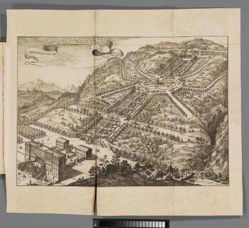 View of the gardens, the Hercules monument and the water play at Karlsberg