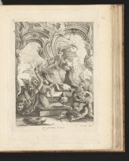 Rocaille with a man seated on a throne surrounded by dragons
