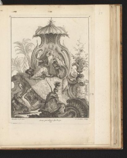 Rocaille with a soldier kneeling before a woman on a throne