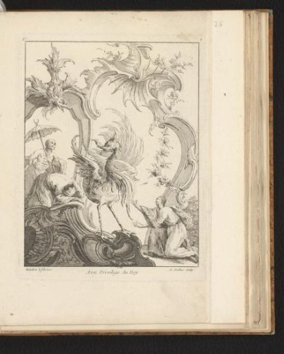 Rocaille with three figures in Chinese costume around a fantastical bird