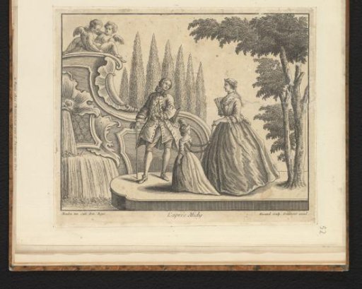 Walking couple with child by a fountain with rocailles