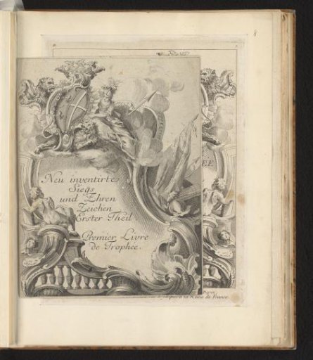 Title print with war trophies and coat of arms