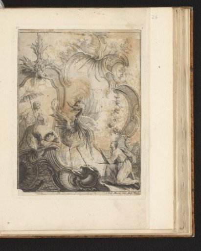 Rocaille with three figures in Chinese dress around a fantastical bird