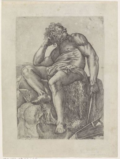 Seated nude man with a book and compass
