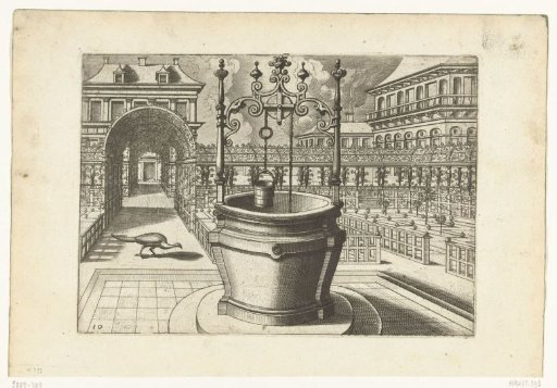 Round well in a garden with berceaux