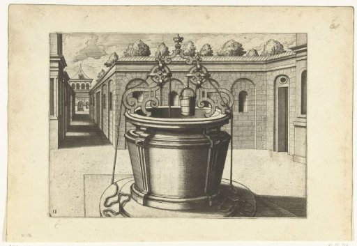 Round well on a square in front of a walled garden