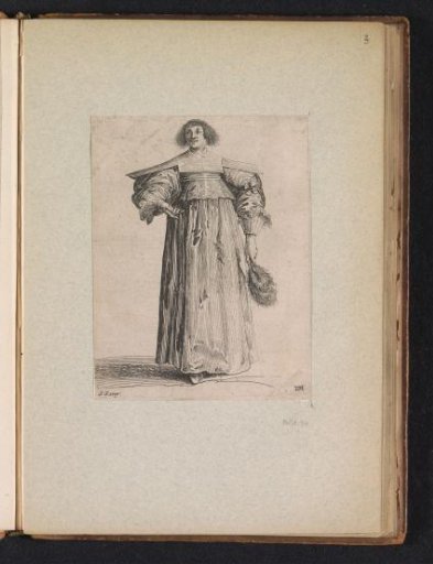 Woman dressed in the fashion of around 1620, with a feathered hand fan