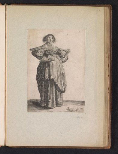 Woman dressed in the fashion of around 1620, holding a closed fan