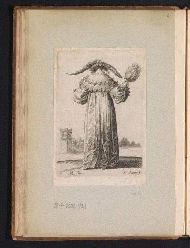 Woman dressed in the fashion of around 1630, seen from behind