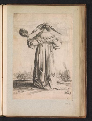 Lady dressed in the fashion of ca. 1630, seen from behind