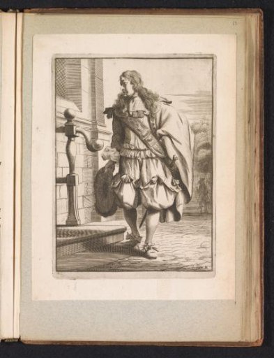 Gentleman, elegantly dressed according to the fashion of around 1660, standing before the sidewalk of a house