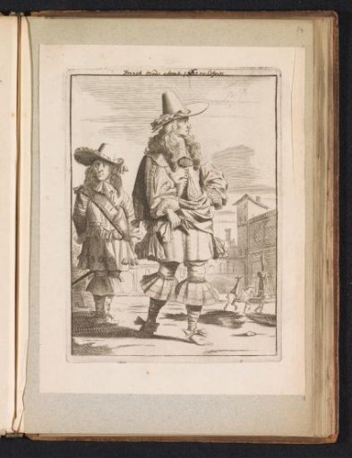 Gentleman and young man dressed according to the fashion of around 1660, standing in a square