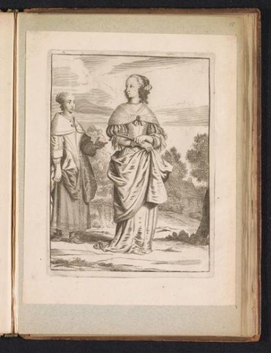 Lady and her maid, both dressed according to the fashion of 1660