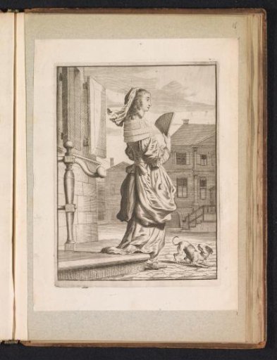 Lady with a fan, walking in the street, dressed according to the fashion of around 1660
