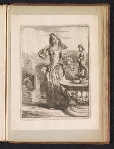 Lady standing next to a fountain, dressed according to the fashion of around 1660