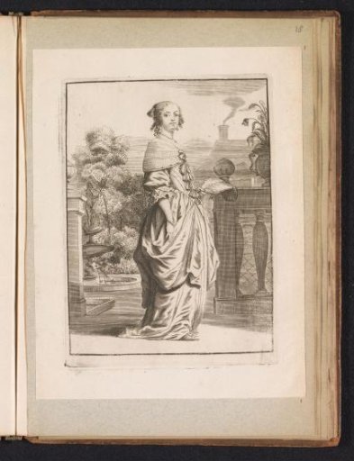 Lady on a porch, dressed according to the fashion of around 1660
