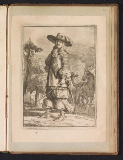 Rider standing in a landscape, dressed according to the fashion of around 1660