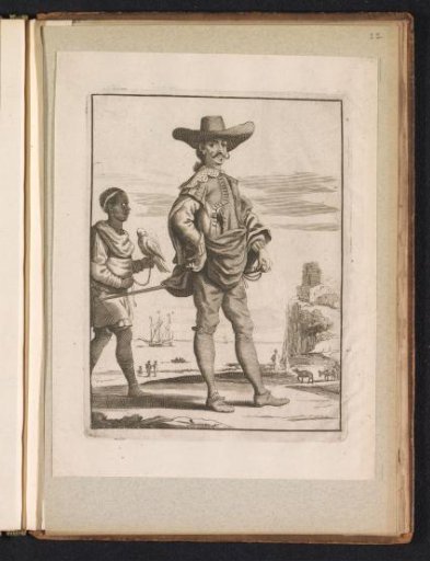 Elegantly dressed gentleman (Spaniard?) and Moorish servant, standing before a harbor