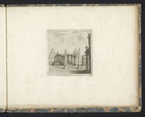 Decorative design with a bridge, obelisks, and a pyramid
