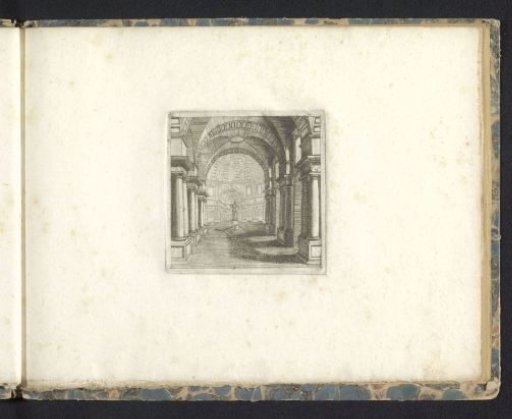 Design with the interior of a temple with a sculpture