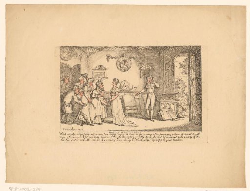 Crowd with a woman and servant in the living room