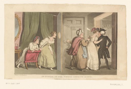 Doctor Syntax Being Led Through a Door by Two Women