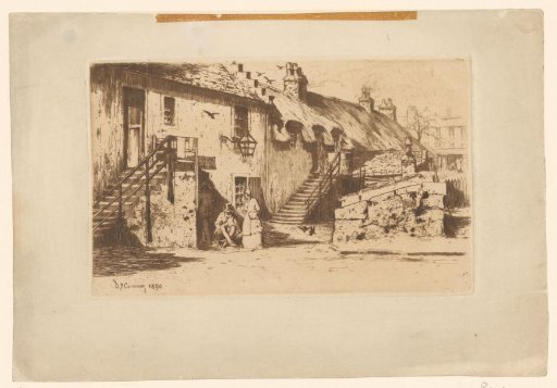 Three figures in front of a house in Glasgow