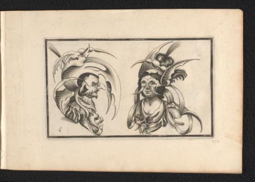 Male and Female Head with Grotesque Hats and Collars