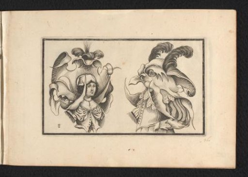 Two Female Heads with Grotesque Hats and Collars