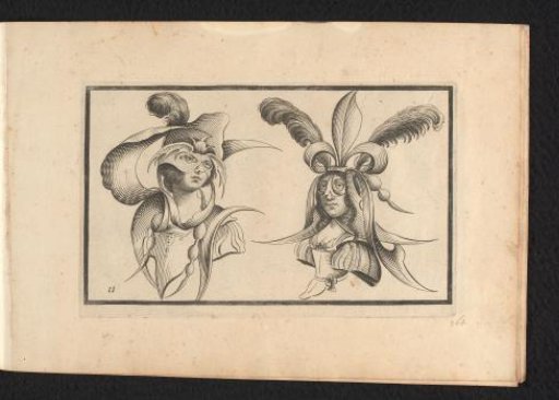 Two Female Heads with Masks and Grotesque Headgear