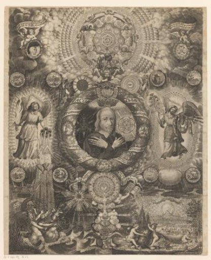 Portrait of the mystic Jakob Böhme surrounded by allegorical and emblematic representations