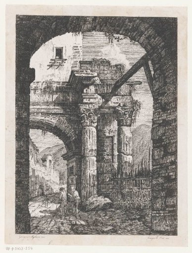 Antique Ruins and Walkers on a Path