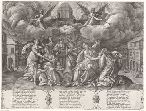 Parable of the Five Wise and Five Foolish Virgins, Accompanied by the Three Theological Virtues