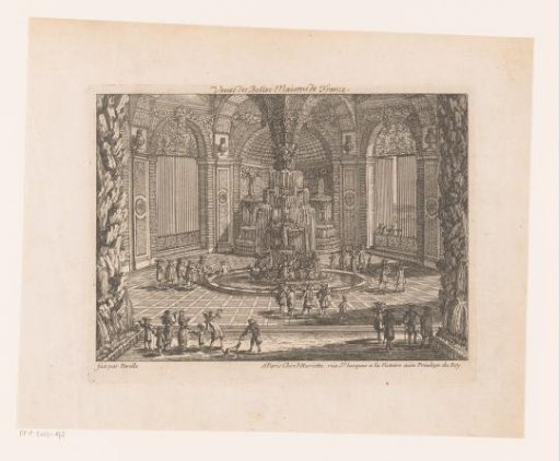 Title print with figures at a fountain in a hall