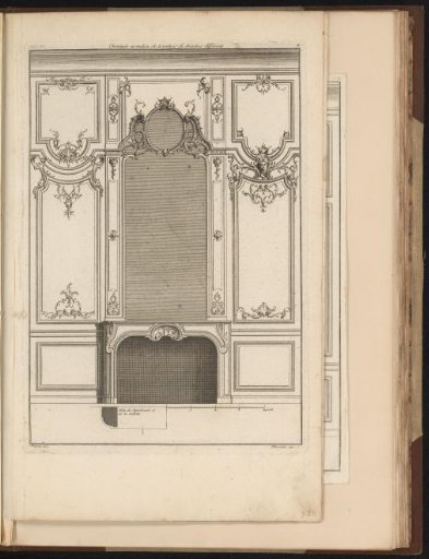 Design for a fireplace between wainscoting of varying design