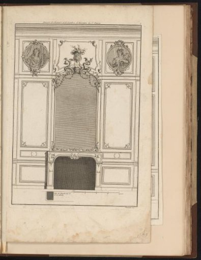 Design for a fireplace and wainscoting with two medallions