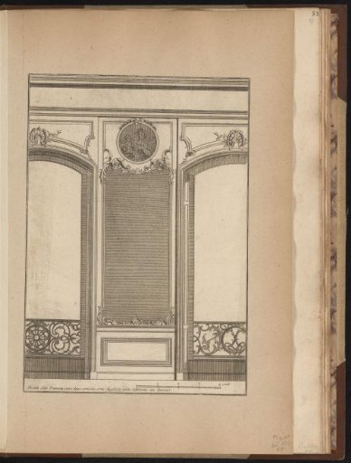 Design for an interior with a tall mirror with a medallion above it