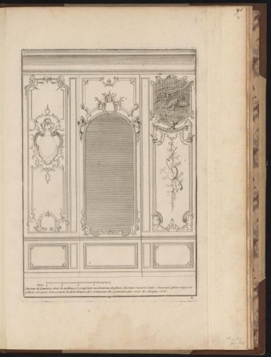 Design for an interior with a large mirror and wainscoting
