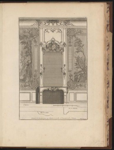 Design for an interior with a large mirror above a fireplace and wainscoting